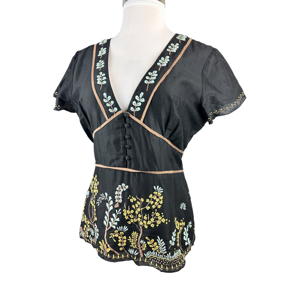 Sundance Embroidered Blouse Floral Deep V-Neck Button Peasant Top Black Size 16 - Picture 3 of 10